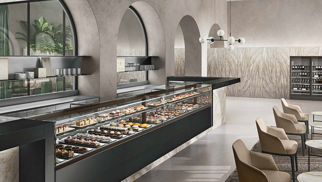 GTI Platinum Concept Modern Bakery with arches across the back wall, nine plus display case showing pastry